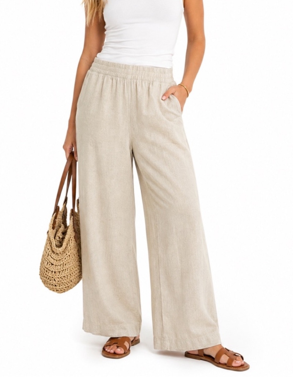 Old Navy High Rise Wide Leg Elastic Waist Linen-Blend Pants - Beige